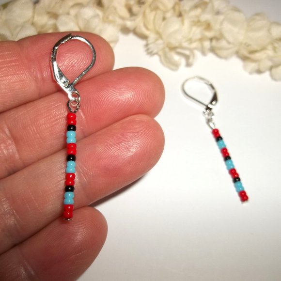 Linear Seed Bead Drop Earring Minimalist Sleek Red Turquoise Blue Black Set A726 - Picture 7 of 9